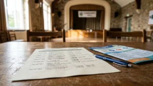 A community events schedule and a blue pen rest on a rustic wooden table.