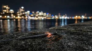 A glowing sparkler rests on a dark wet stone wall with a blurred city skyline.