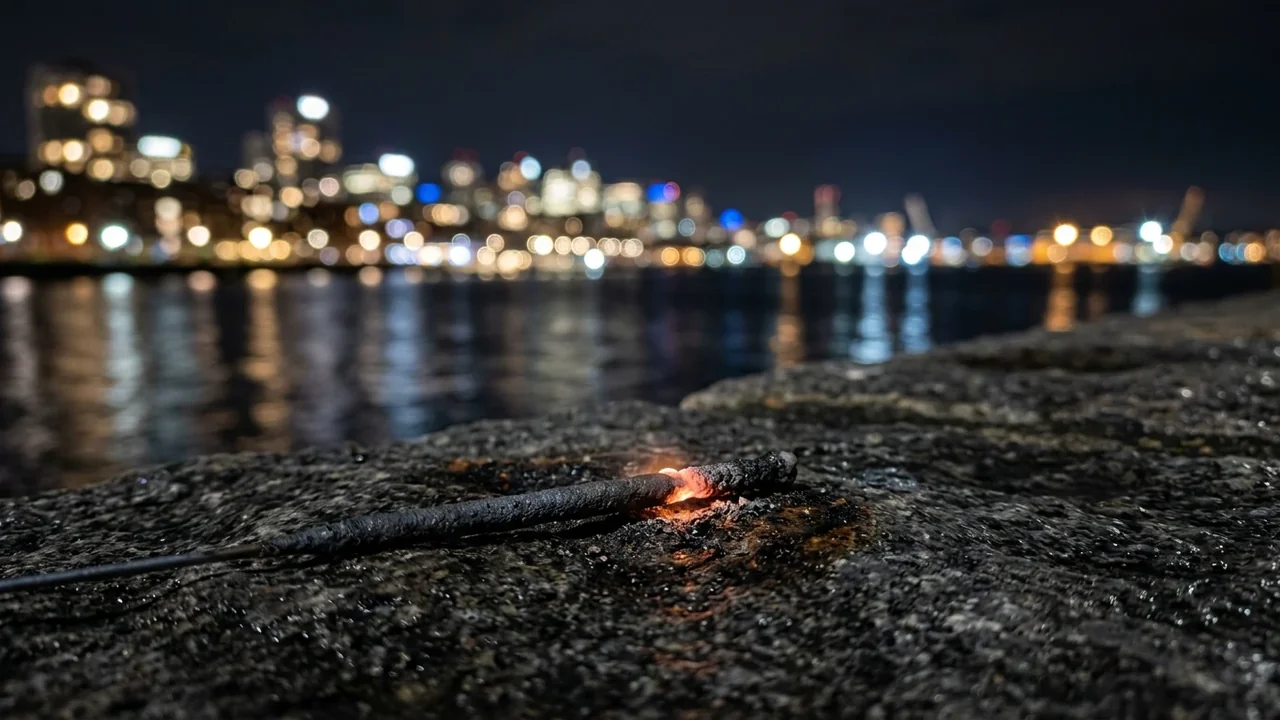 A glowing sparkler rests on a dark wet stone wall with a blurred city skyline.