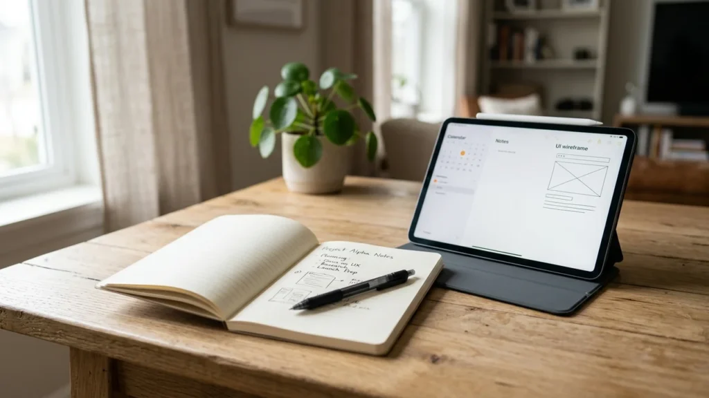 A wooden desk holding an open notebook, a pen, and a tablet displaying wireframes.