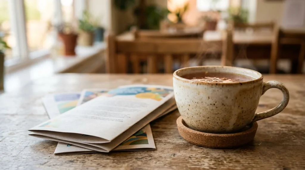 A steaming mug of tea sits on a cork coaster next to a brochure.