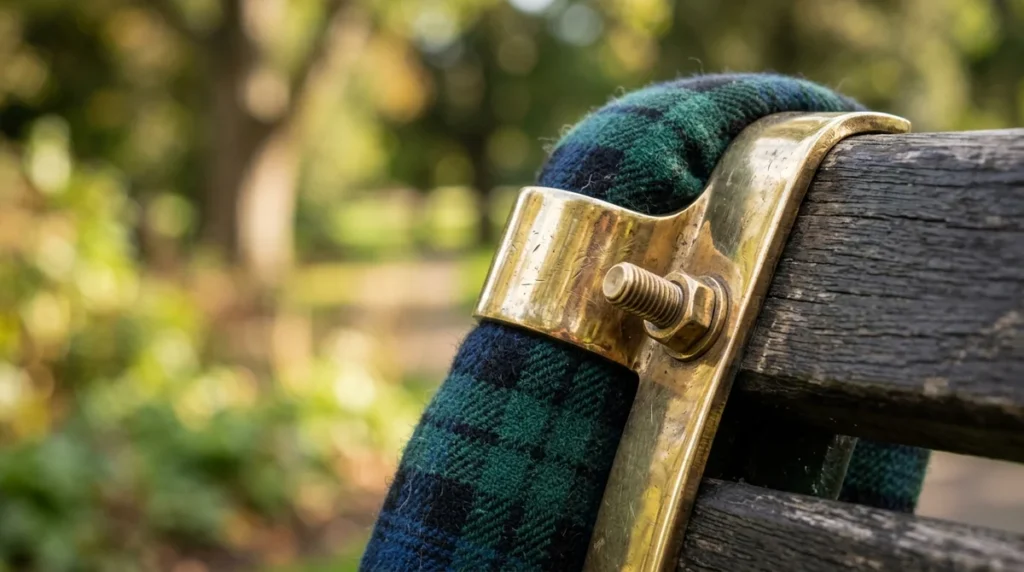 A brass memorial plaque bracket attached to a weathered wooden park bench with tartan.