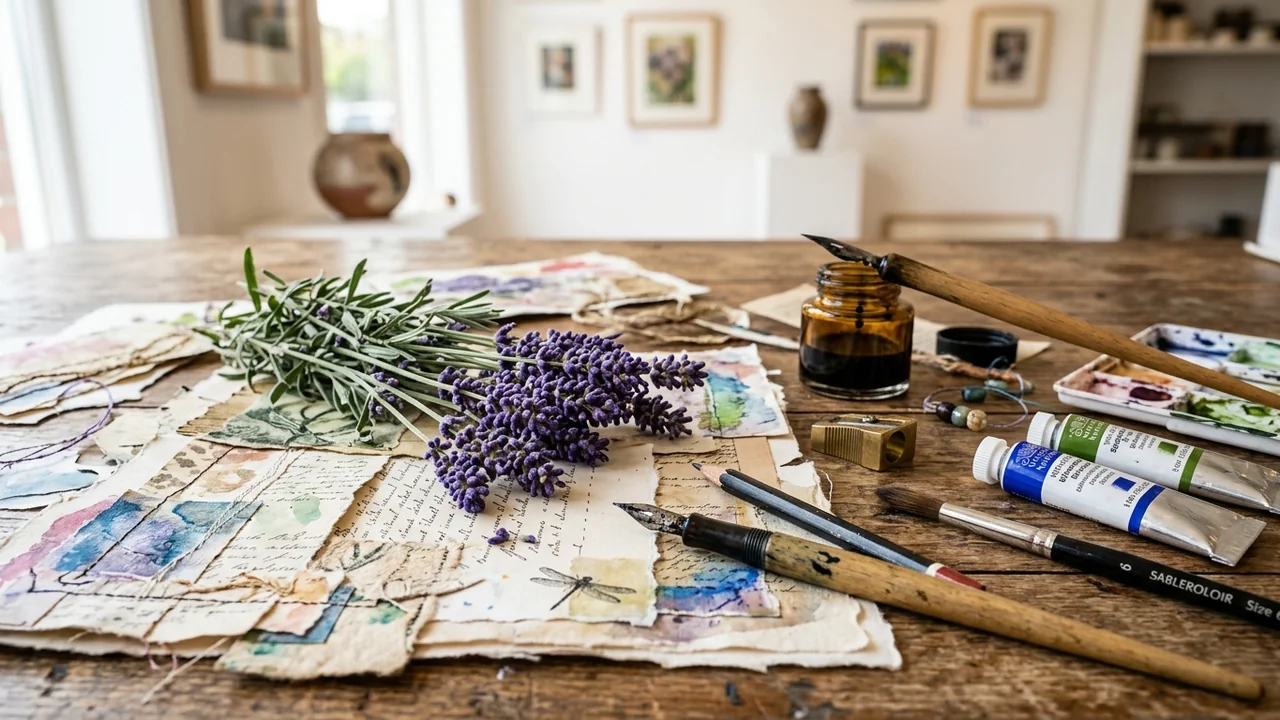 A rustic wooden table with lavender, dip pens, ink, and artistic stationery craft supplies.