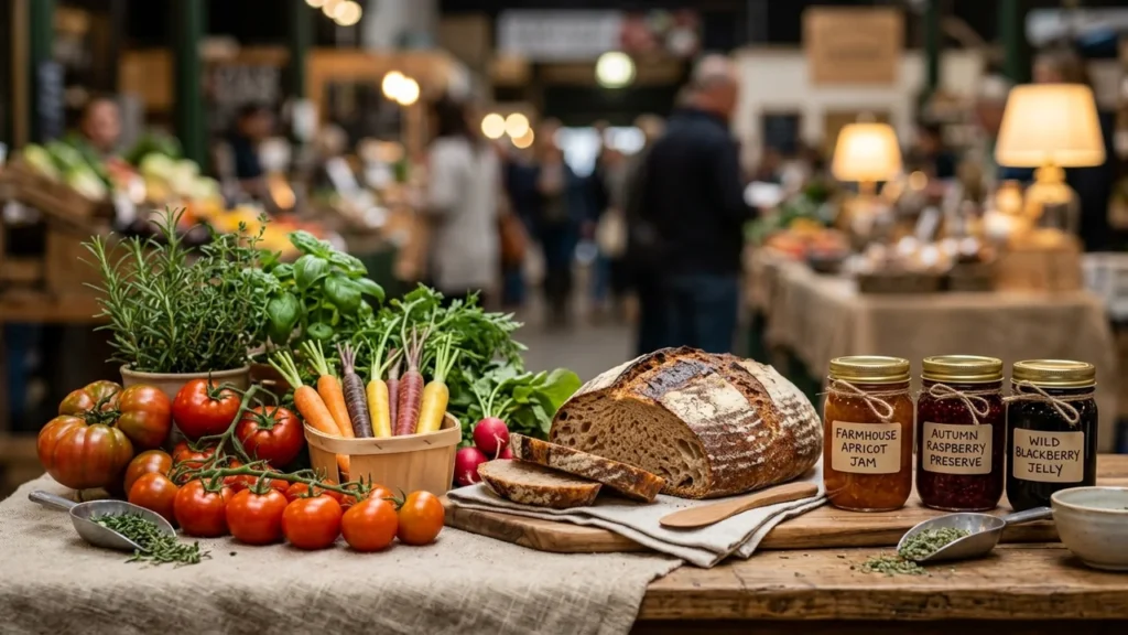 Fresh tomatoes, carrots, herbs, sourdough bread, and jars of jam on a market table.