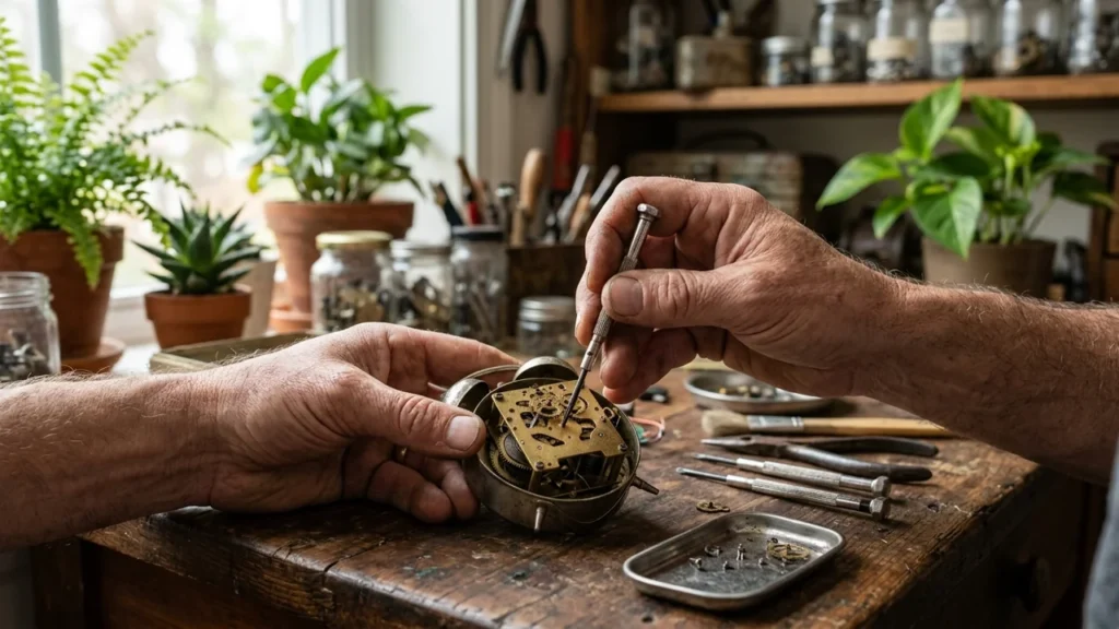 Close-up of a watchmaker using a precision screwdriver to repair a mechanical alarm clock.