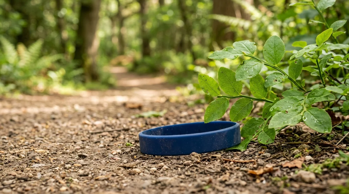A discarded blue rubber wristband lying on a dirt forest trail near green plants.