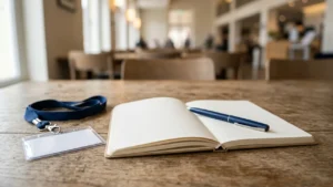 An open notebook, a blue pen, and a blank ID badge on a desk.
