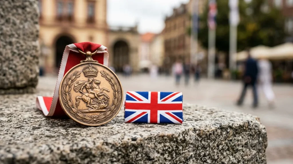 A bronze military medal and a British flag pin resting on a stone surface.