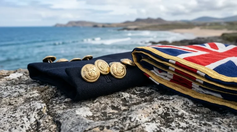 A British military jacket and folded Union Jack flag resting on a rocky cliff.