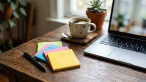 A laptop, a cup of coffee, and colorful sticky notes on a wooden desk.