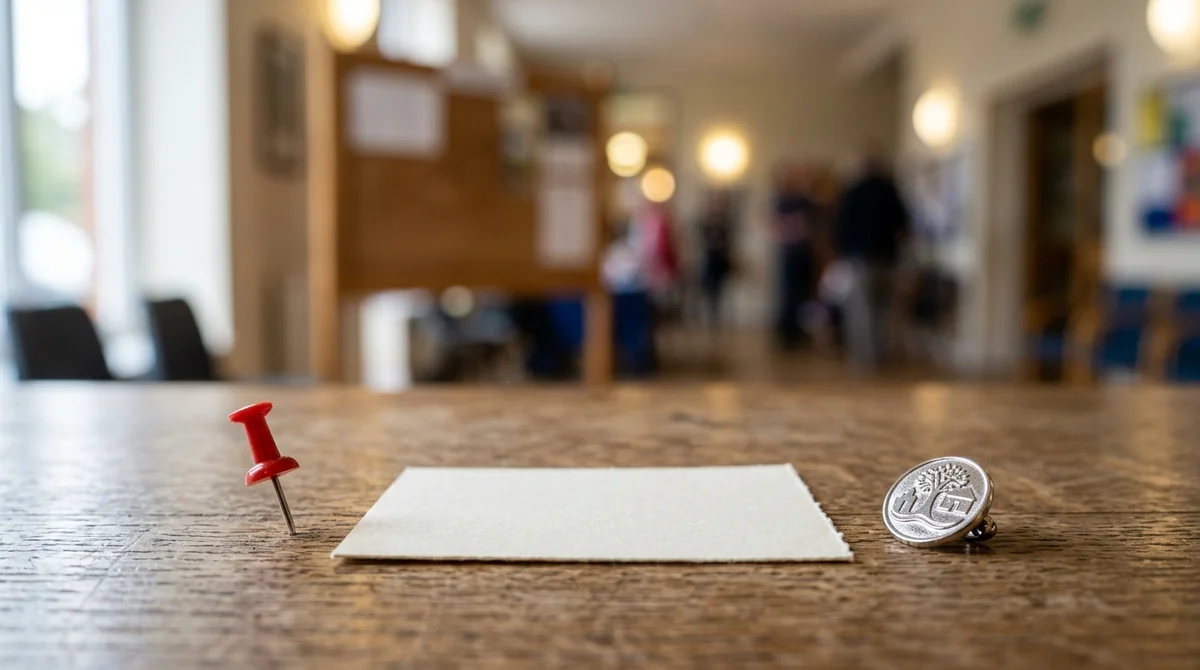 A red pushpin and a small silver pin resting on a wooden table.