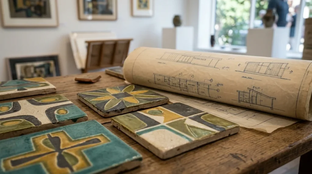 Vintage ceramic tiles with geometric patterns arranged next to a rolled architectural blueprint sketch.