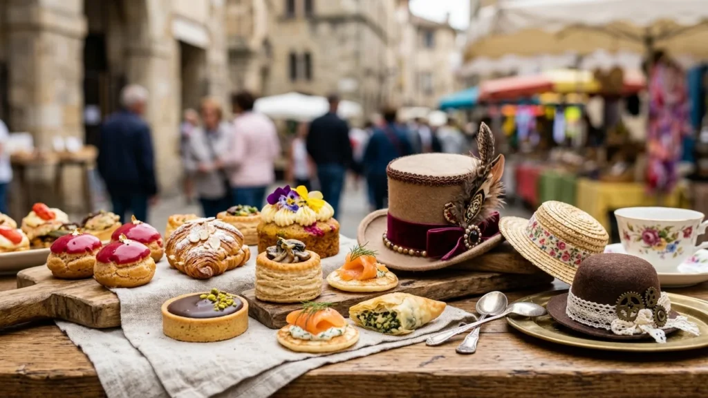 Selection of gourmet pastries and fancy hats displayed on a rustic outdoor market table.