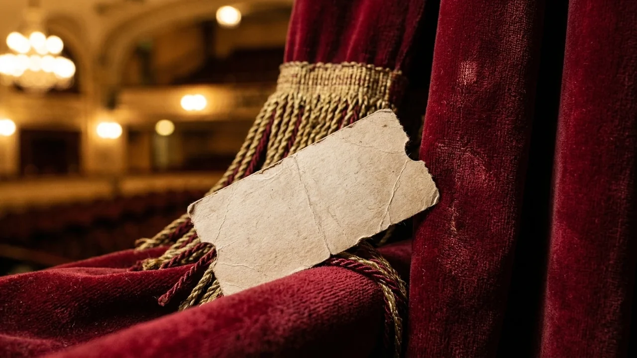 A blank, vintage-style paper ticket rests against a heavy, red velvet theater curtain.