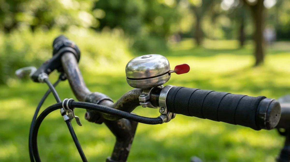 Close-up of a vintage metal bicycle bell mounted on black rubber handlebars outdoors.