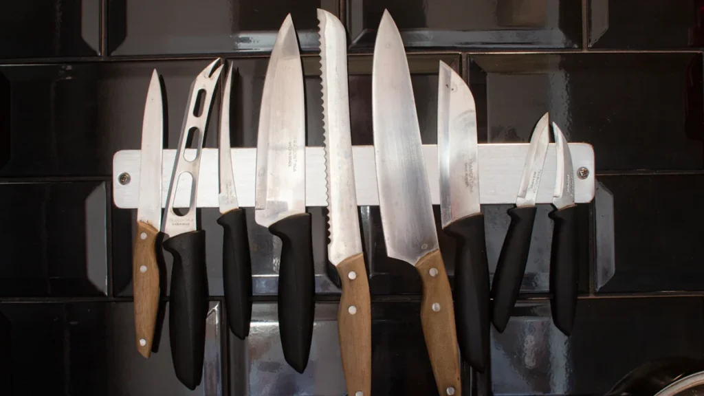Selection of kitchen knives displayed on a magnetic wall strip in a shop.