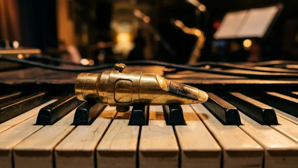 A brass saxophone mouthpiece resting on the white and black keys of a piano.