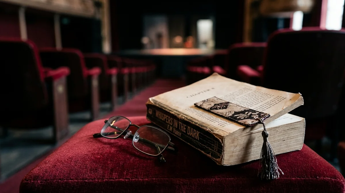 A book and reading glasses rest on a red seat inside a theater.