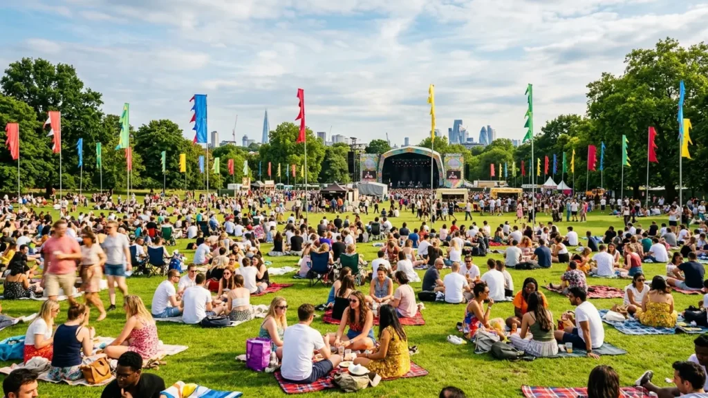 A large crowd sits on blankets across a park during a sunny outdoor festival.
