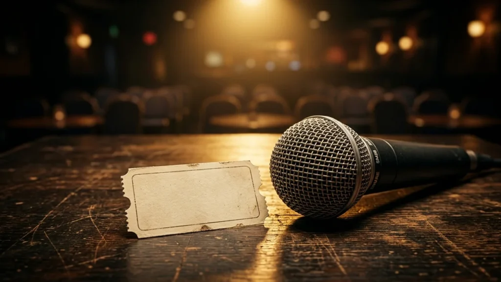 A microphone and a blank ticket resting on a dark, scratched wooden stage surface.
