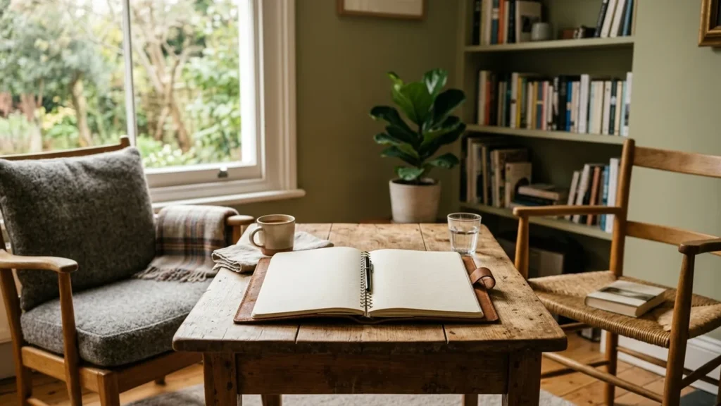 An open notebook sits on a rustic wooden table next to a coffee mug.