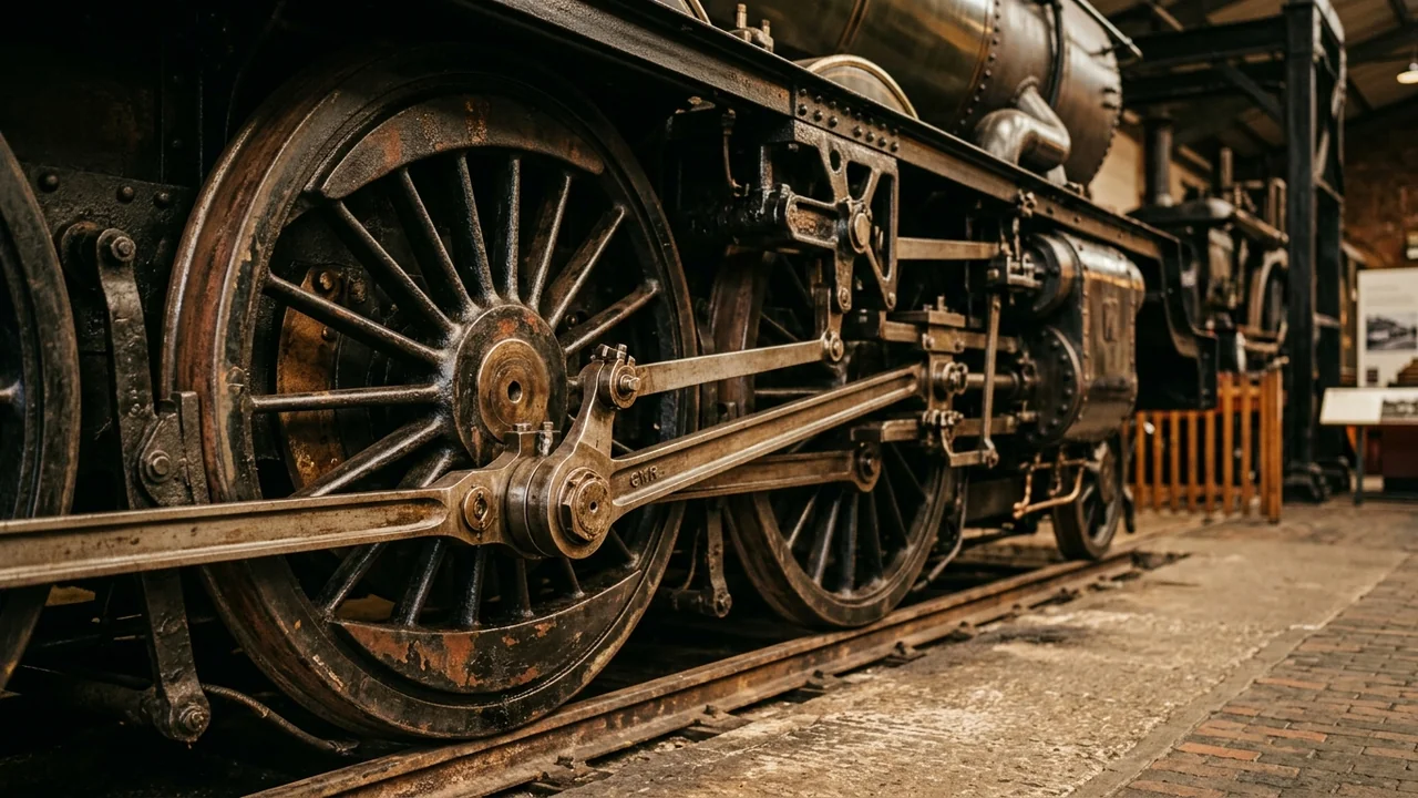 Close-up of the large rusted iron wheels and mechanical drive rods of a vintage locomotive.