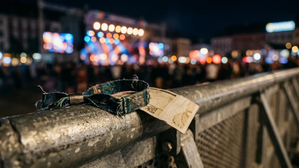 A worn fabric festival wristband rests on a metal barrier before a concert stage.