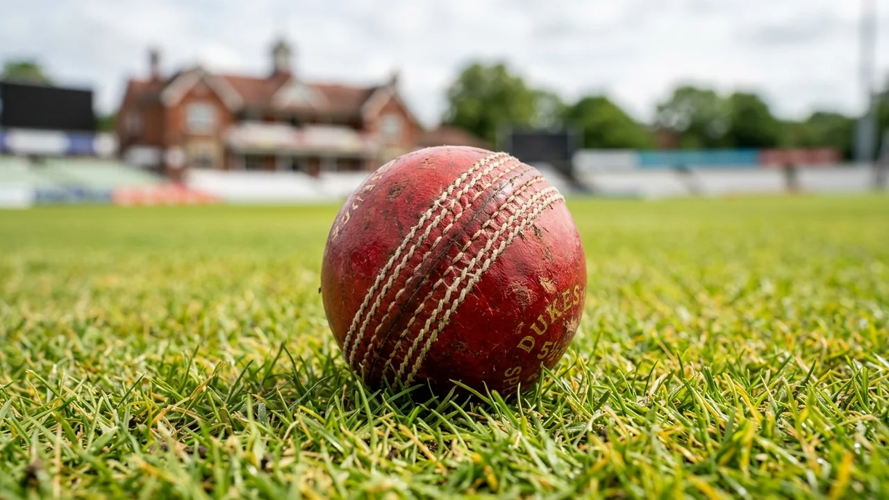 A red cricket ball with prominent white stitching rests on a vibrant green grass field.
