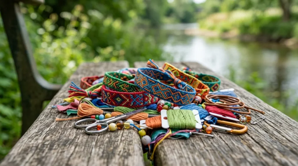 Colorful woven friendship bracelets, embroidery thread, and small scissors on a wooden bench outdoors.