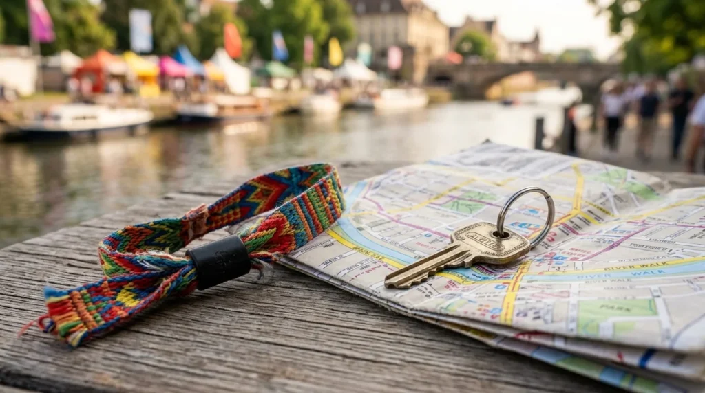 A colorful fabric wristband and a metal key resting on a folded city map.