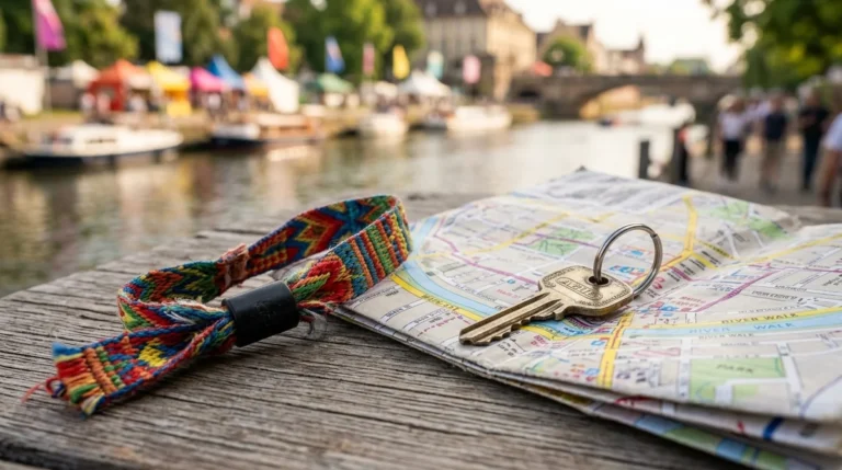 A colorful fabric wristband and a metal key resting on a folded city map.
