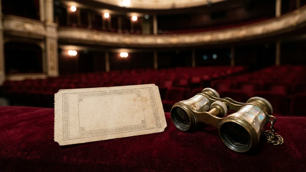 An empty vintage opera theater with an antique ticket and brass binoculars on velvet.