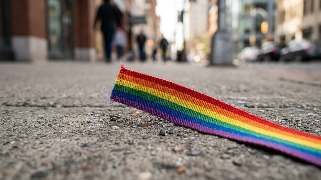 A close-up of a rainbow ribbon lying on a blurry city sidewalk.