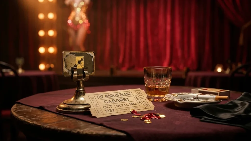 A vintage Moulin Blanc cabaret ticket, a glass of whiskey, and cigarette on a table.