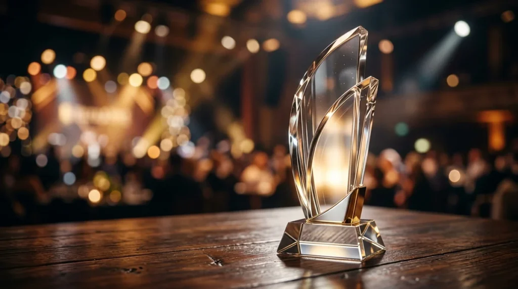 A crystal award stands on a wooden table against a blurry event background.