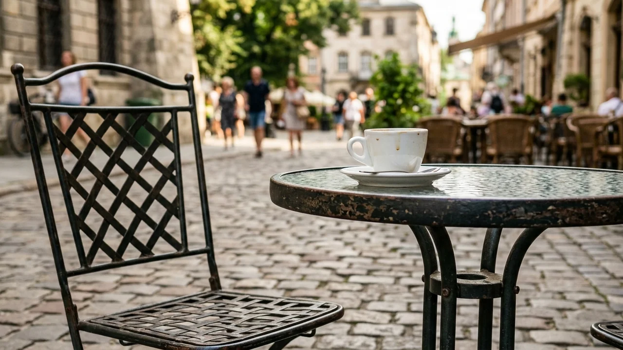 A white coffee cup on a round outdoor table in a cobblestone city street.