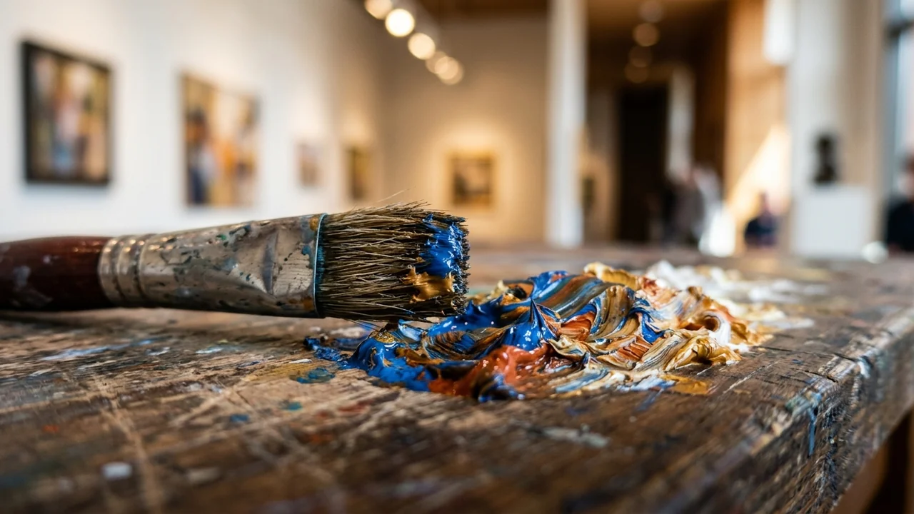 A wooden paintbrush resting on a weathered table covered in thick, vibrant oil paint.