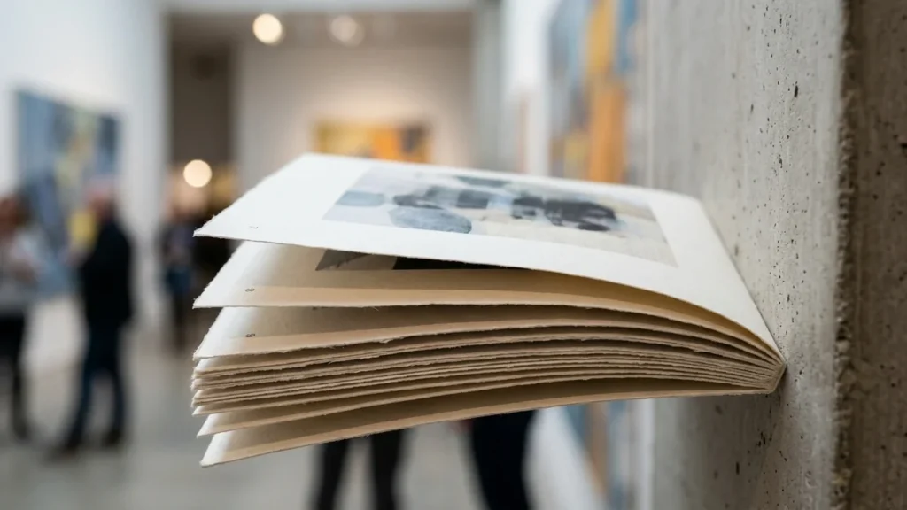 An open art book attached to a concrete wall in a blurred gallery.