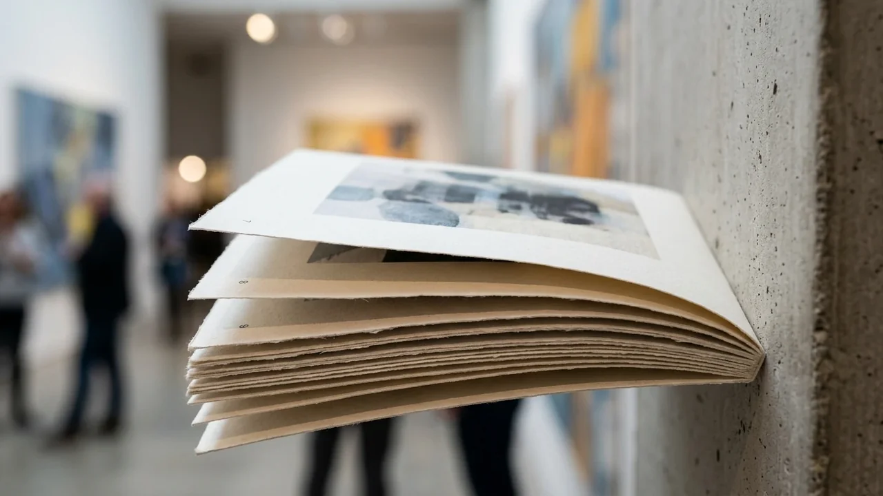 An open art book attached to a concrete wall in a blurred gallery.