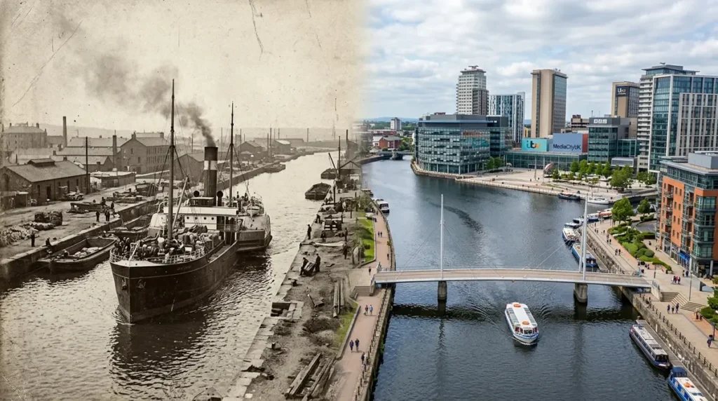 A split-screen comparison showing a historic industrial shipping canal and modern MediaCityUK waterfront.