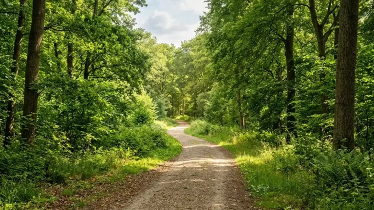 A narrow dirt path winds through a lush, sunlit green forest with tall trees.