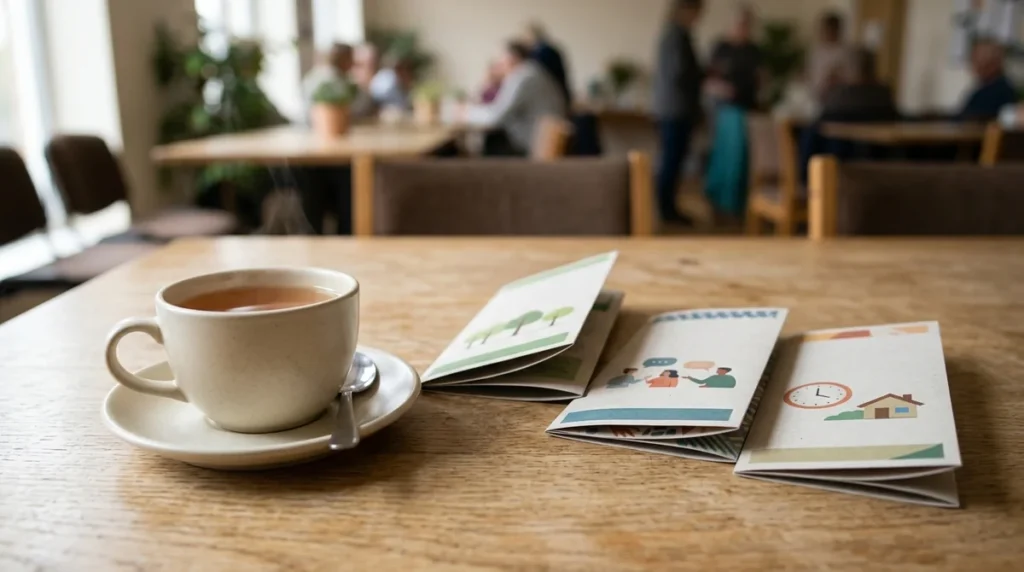A steaming cup of tea next to illustrated informational brochures on a wooden table.