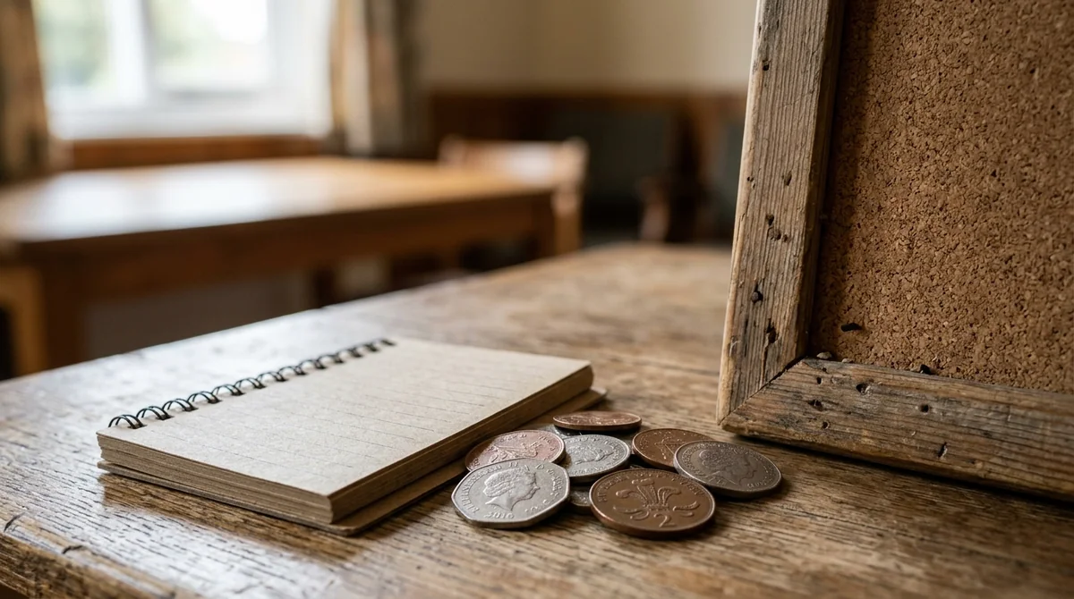 A spiral notebook and a small pile of British coins on a wooden desk.