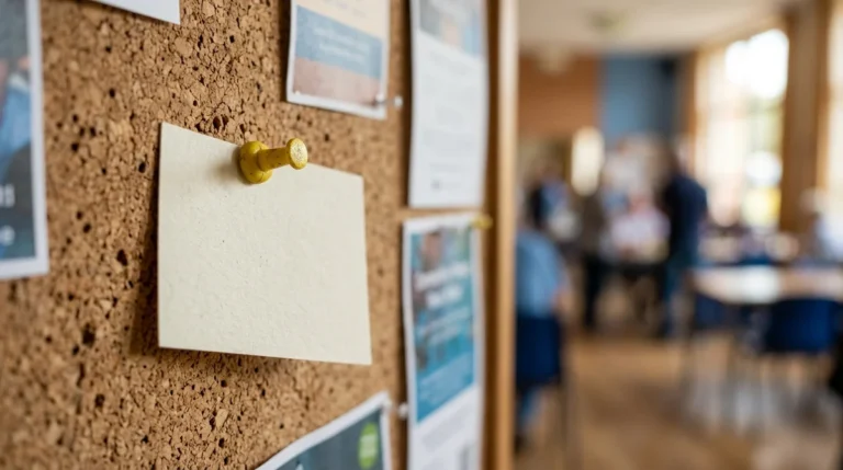 A blank rectangular note pinned to a brown cork bulletin board with a yellow pin.