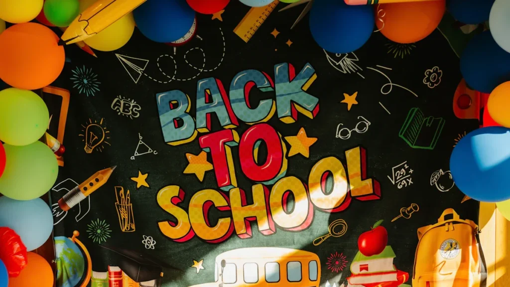 Colorful back to school banner with balloons, school bus, and educational icons.