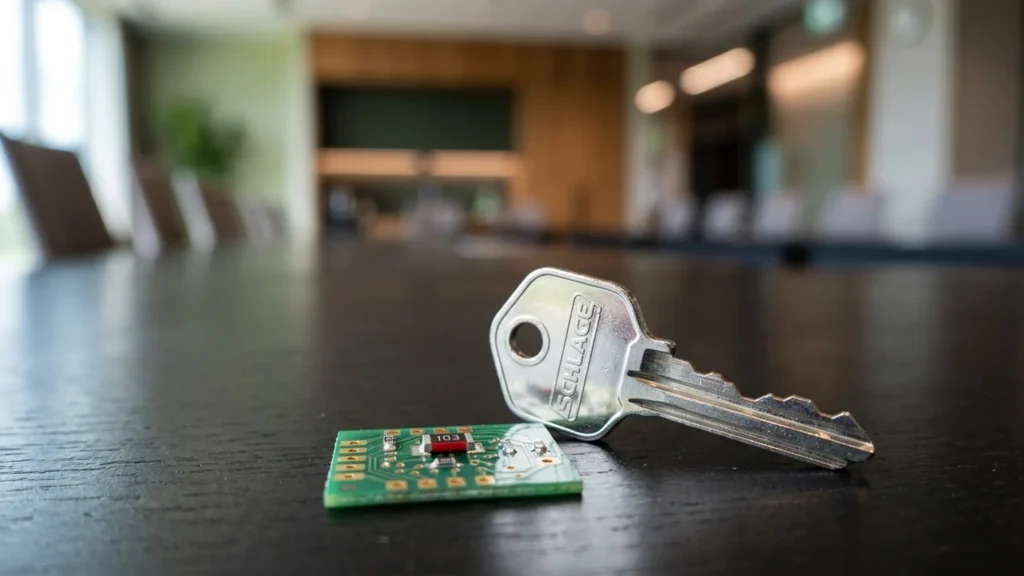 A Schlage metal key rests next to a small green circuit board on table.
