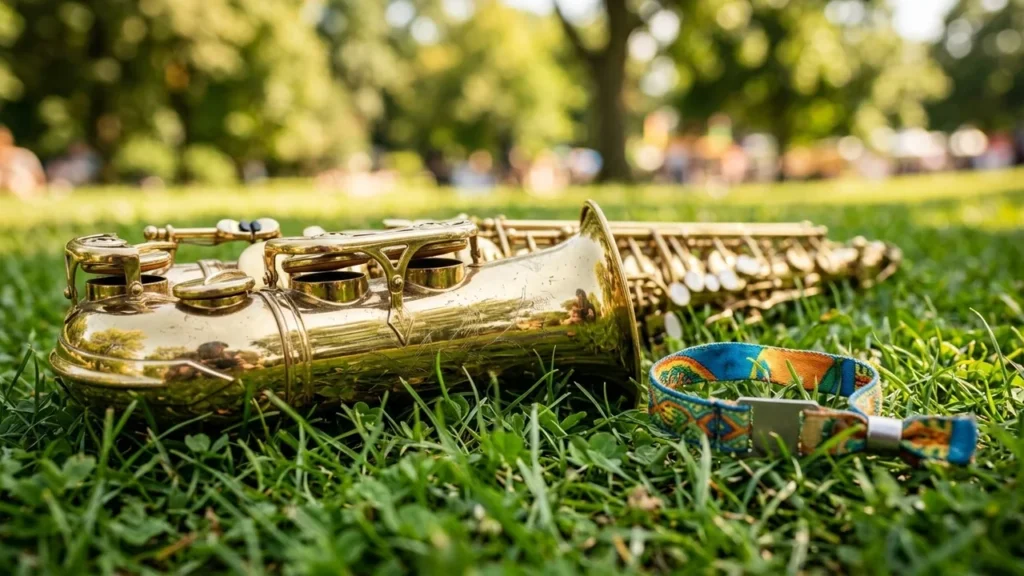 A brass saxophone lies on green grass next to a colorful festival wristband.