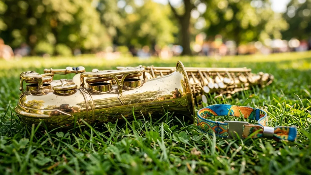 A brass saxophone lies on green grass next to a colorful festival wristband.