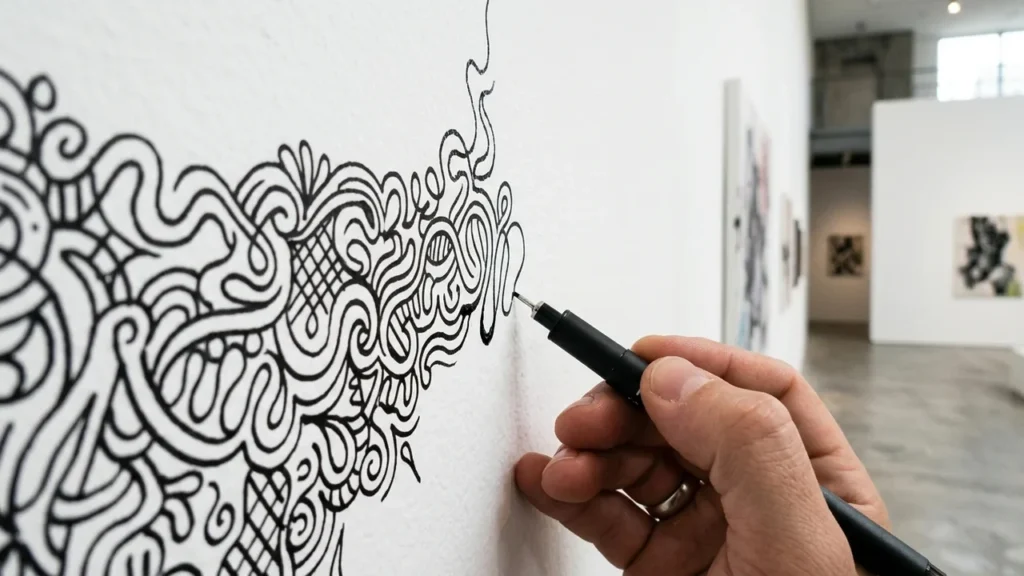 A person's hand uses a black marker to draw intricate patterns on a wall.