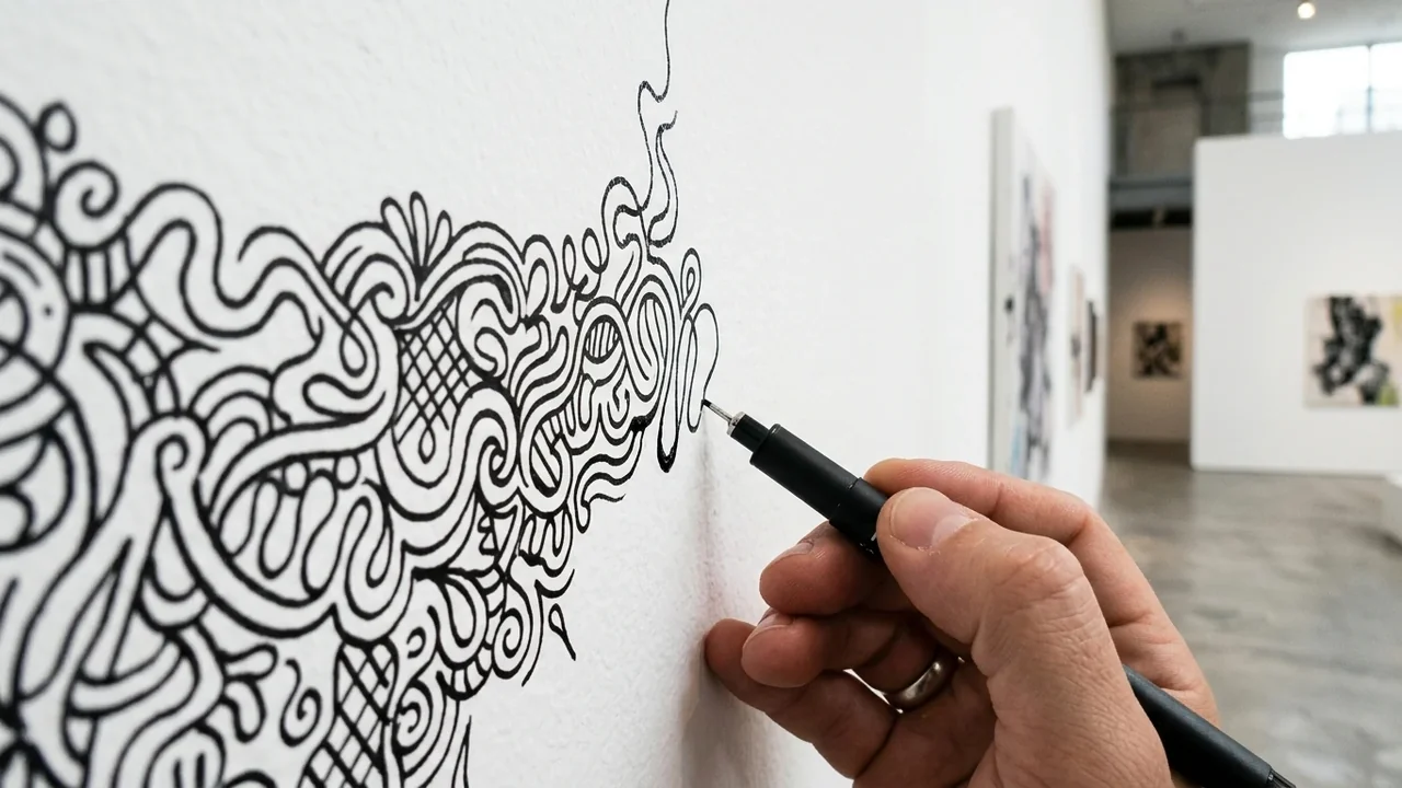 A person's hand uses a black marker to draw intricate patterns on a wall.